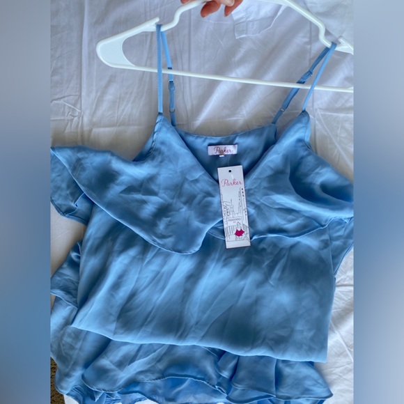 Parker Thatcher $288 Cold Shoulder Ruffled Mini Dress light Blue XS NWT - Picture 8 of 16